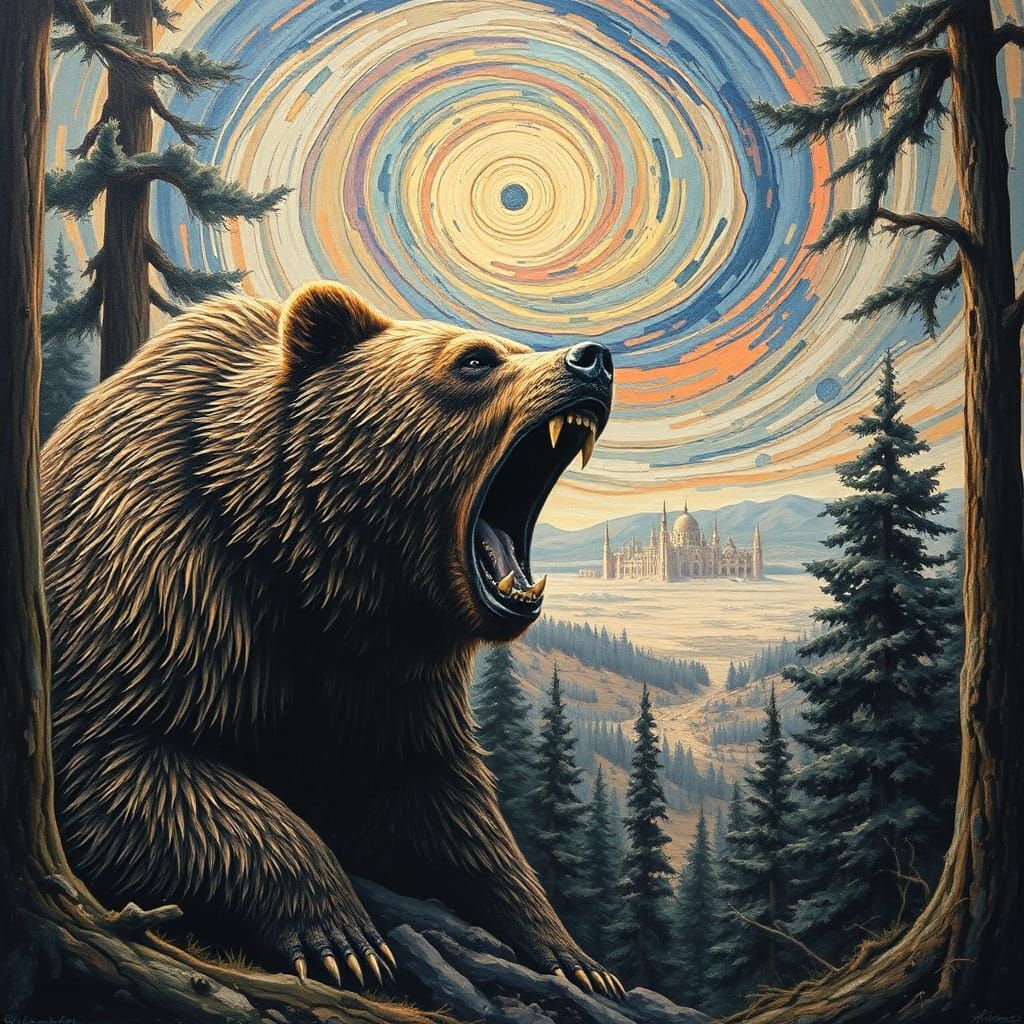 Roaring Bear in Woods as Heavy Metal Art