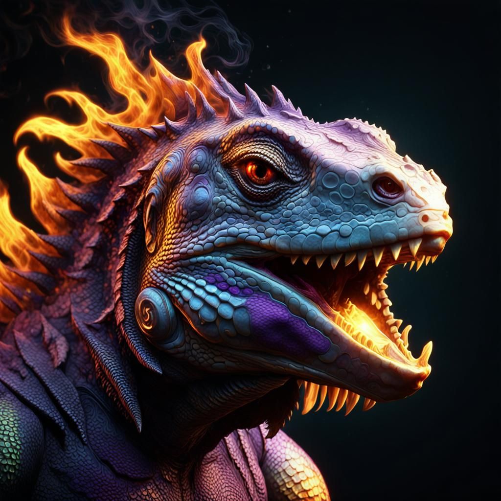 Fiery Iguana Head in Dark Fantasy Style