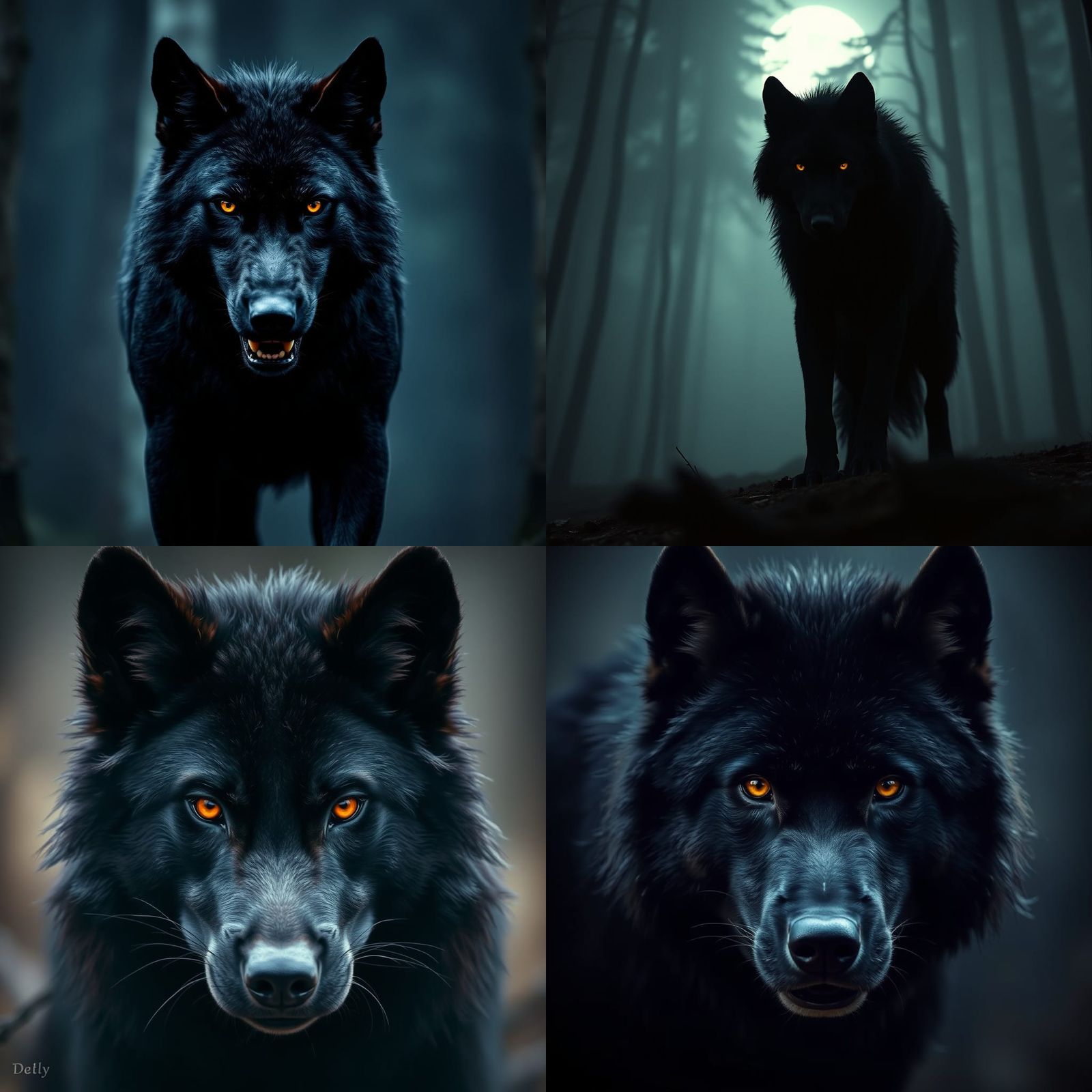 Cinematic Black Wolf with Intense Orange Eyes