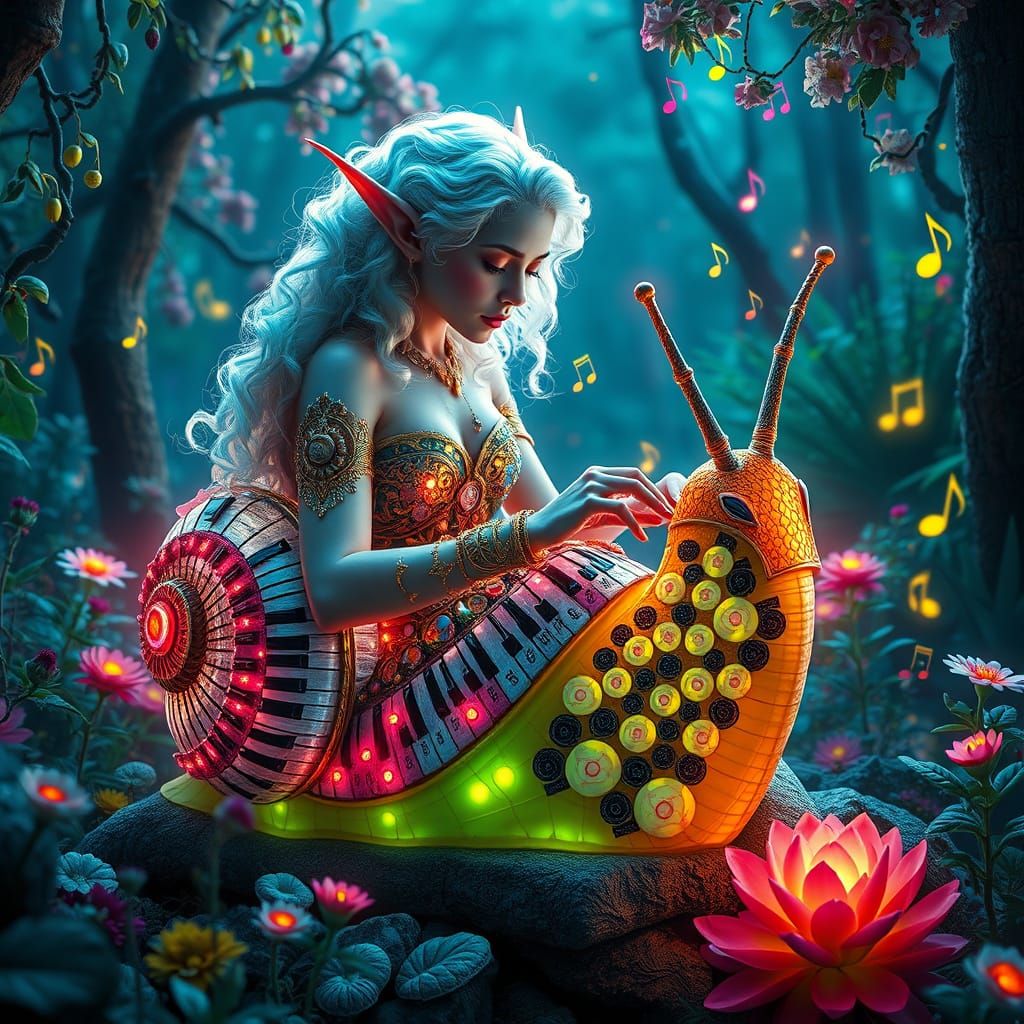 Ethereal Elf Maiden in Neon-Lit Fantasy Realm