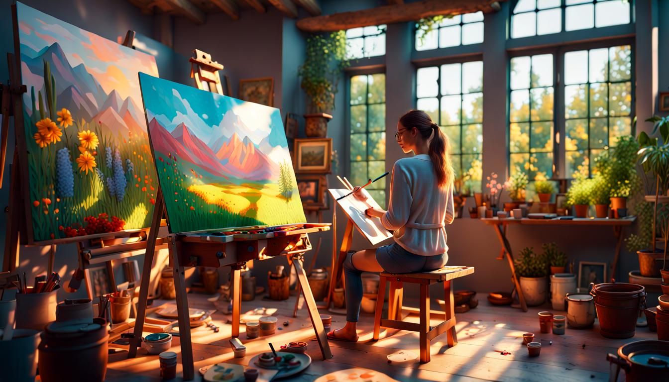 Woman Painting in Colorful Atelier, 3D Render