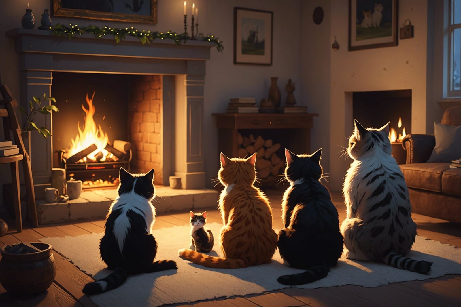 Cozy Cat Family Portrait by Fireplace, Digital Painting