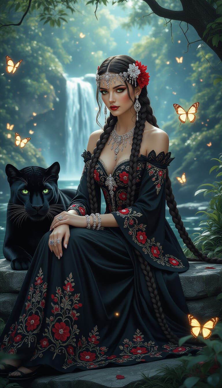 Mystical Enchantress with Black Panther in Ethereal Forest