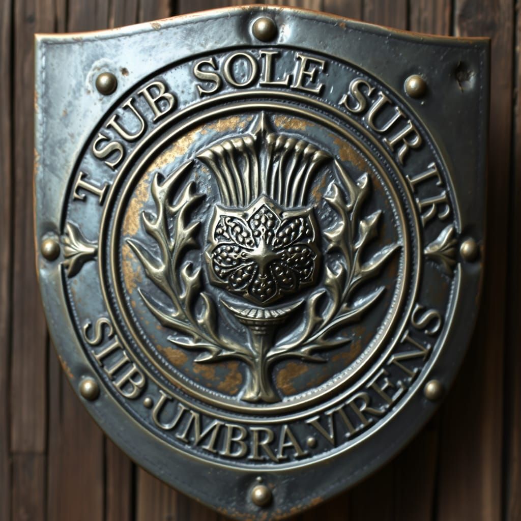 Metal Shield Knight's Thistle Emblem in Latin