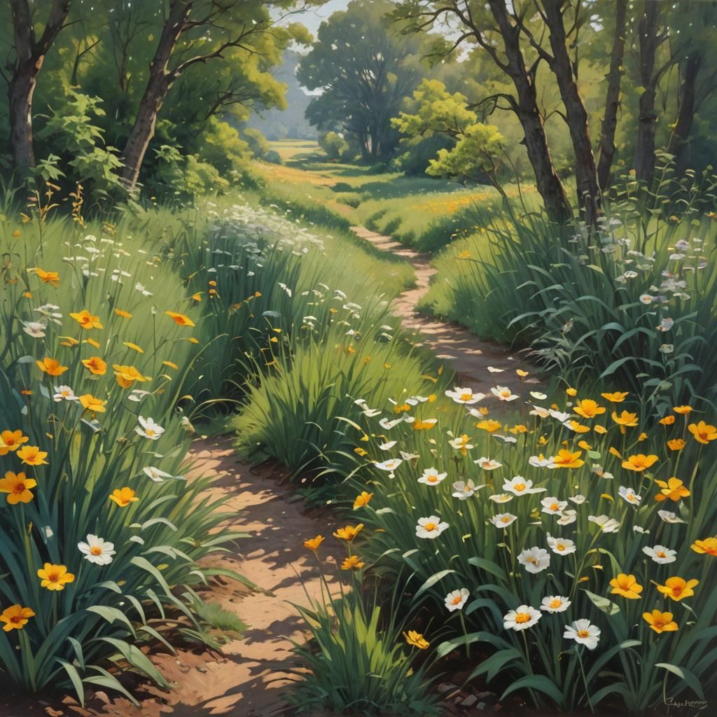 Sunlit Path Through Field, Oil Painting