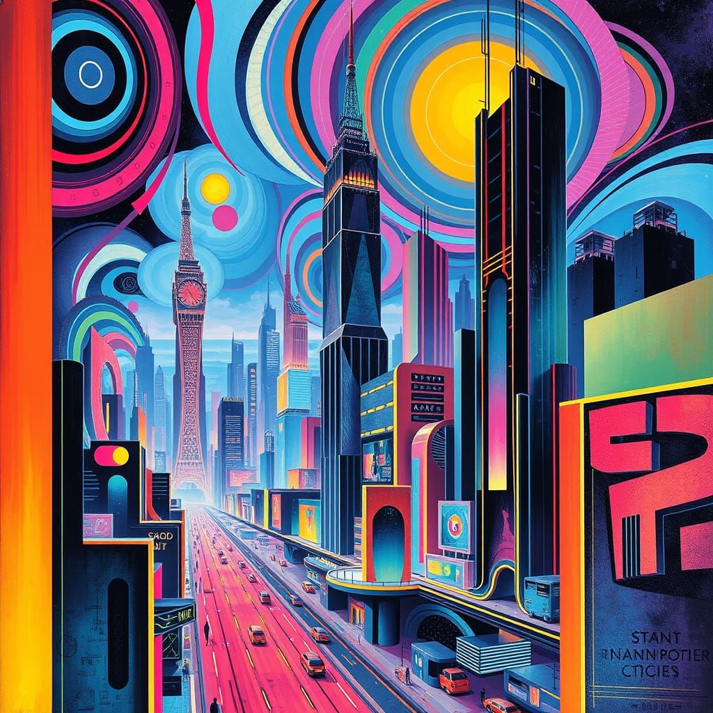 Sleek Neo Futuristic Cityscape in Vibrant Prismatic Colors
