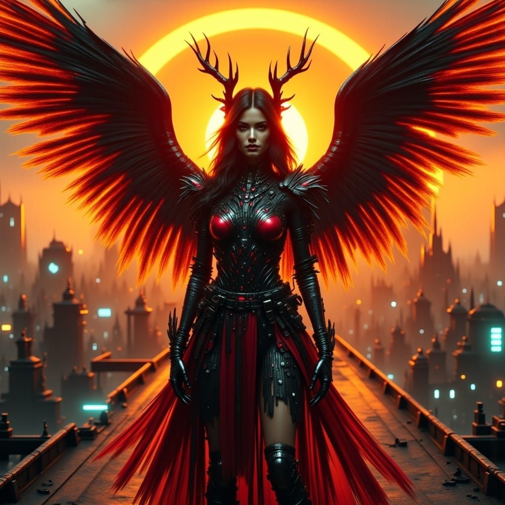 Cyberpunk Dark Angel on Rooftop at Sunset