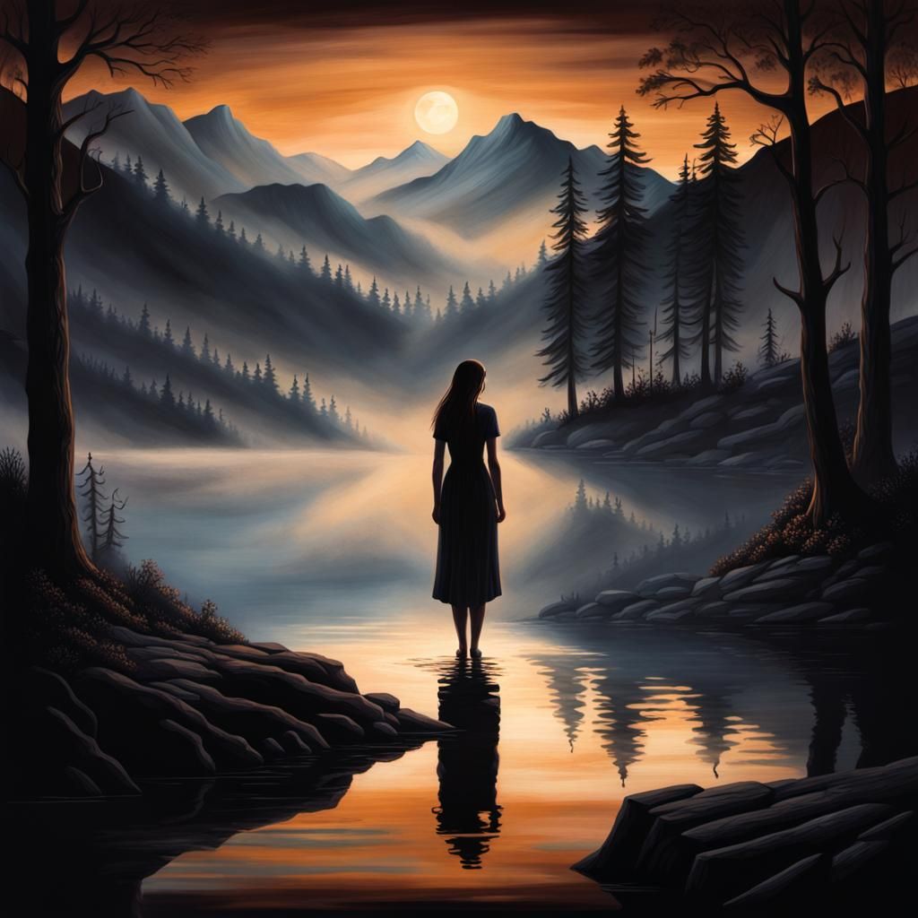 Hyperrealistic Pyrography of Shadow Figure in Landscape