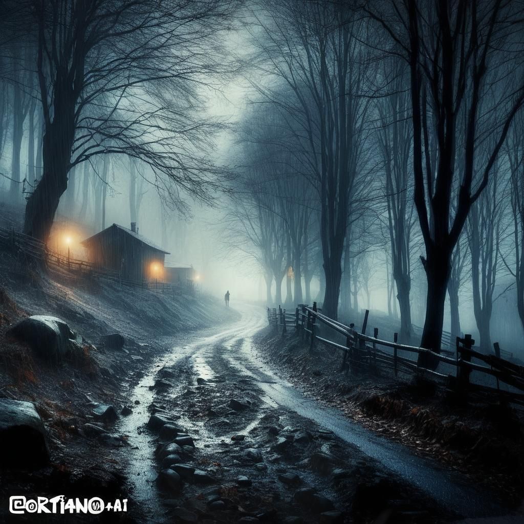 Silhouette on a Misty Road at Night