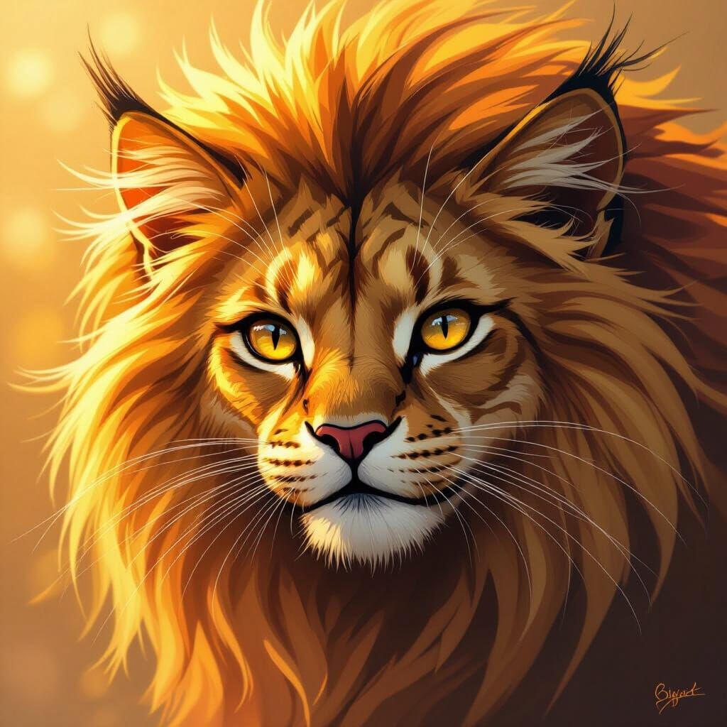 Lion Mane Cat Face with Golden Lighting