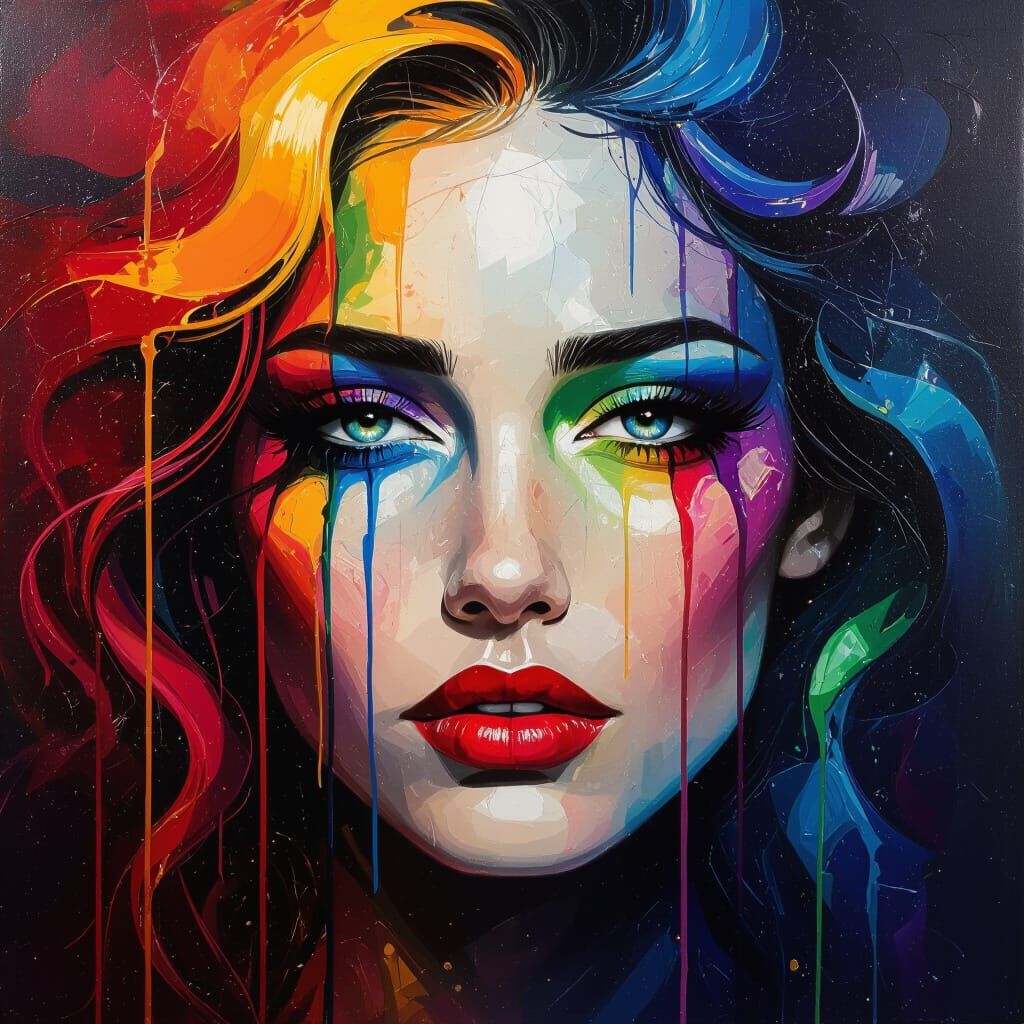 Surrealist Portrait of Aurora with Vibrant Paint Splashes