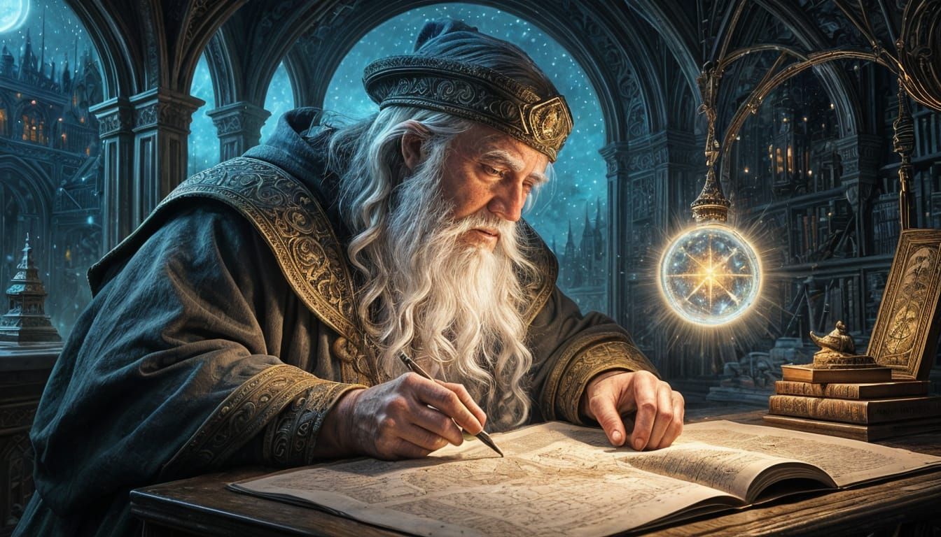 Wizard Studies Map in Celestial Library, Hyperrealistic Styl...