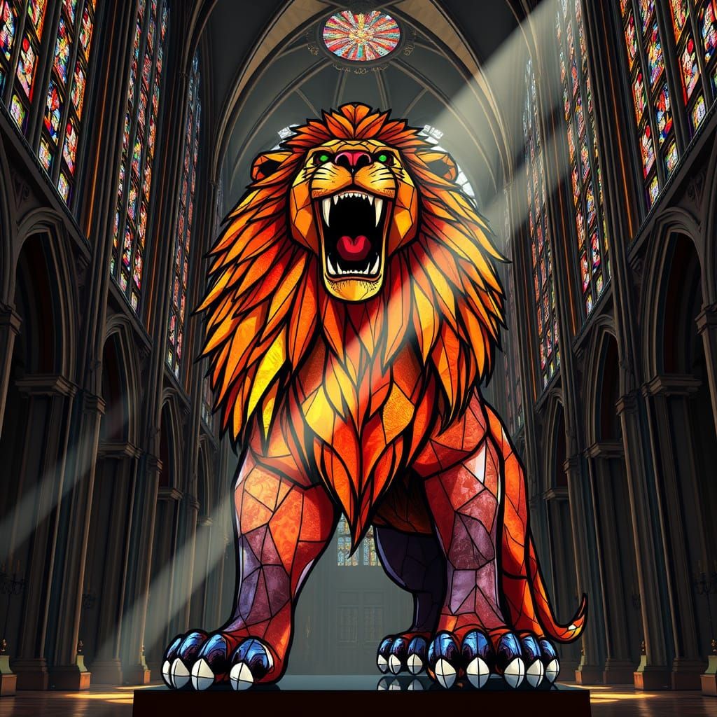 Stained Glass Lion Roaring in Cathedral