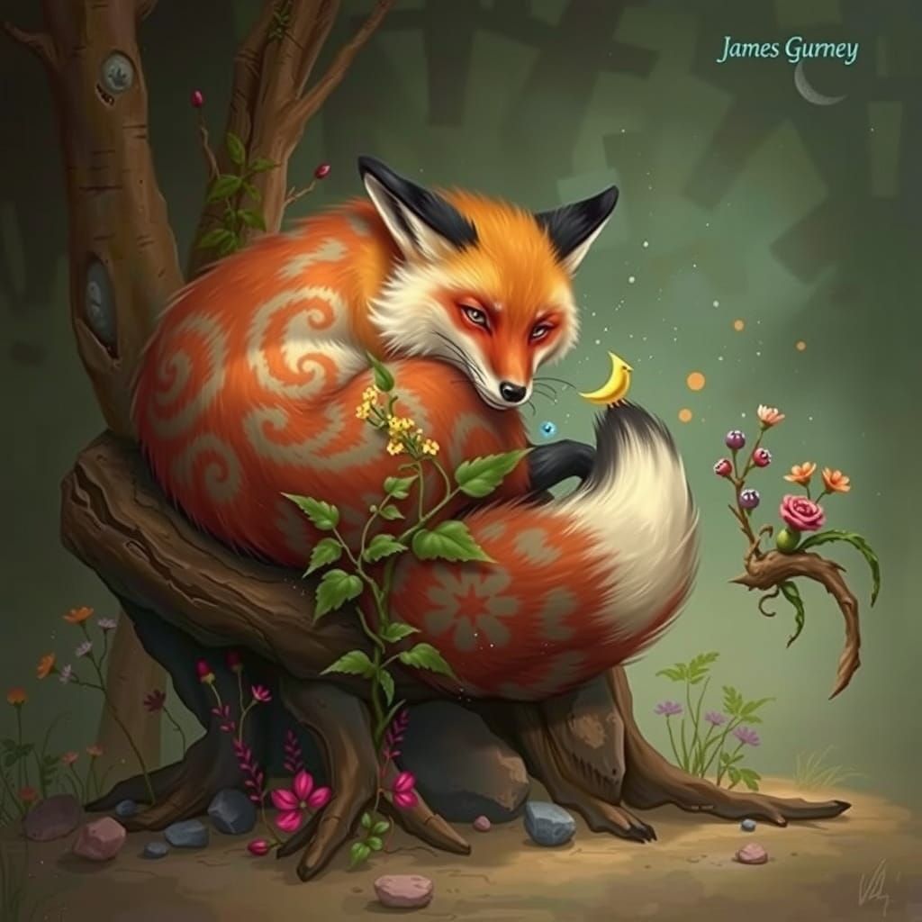 Vibrant Forest Fox in Whimsical Oil Painting Style