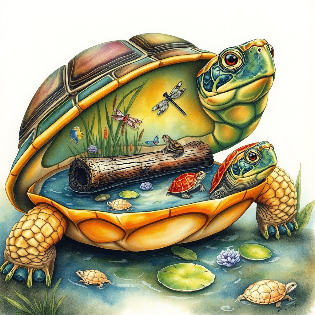 Turtle with Fantasy Pond World, Watercolor Art