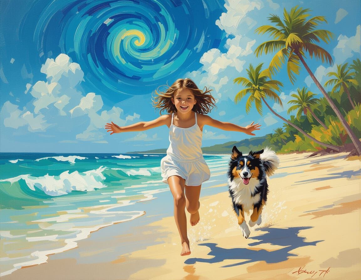 Girl and Dog Running on Sunny Beach as Impasto Oil Painting