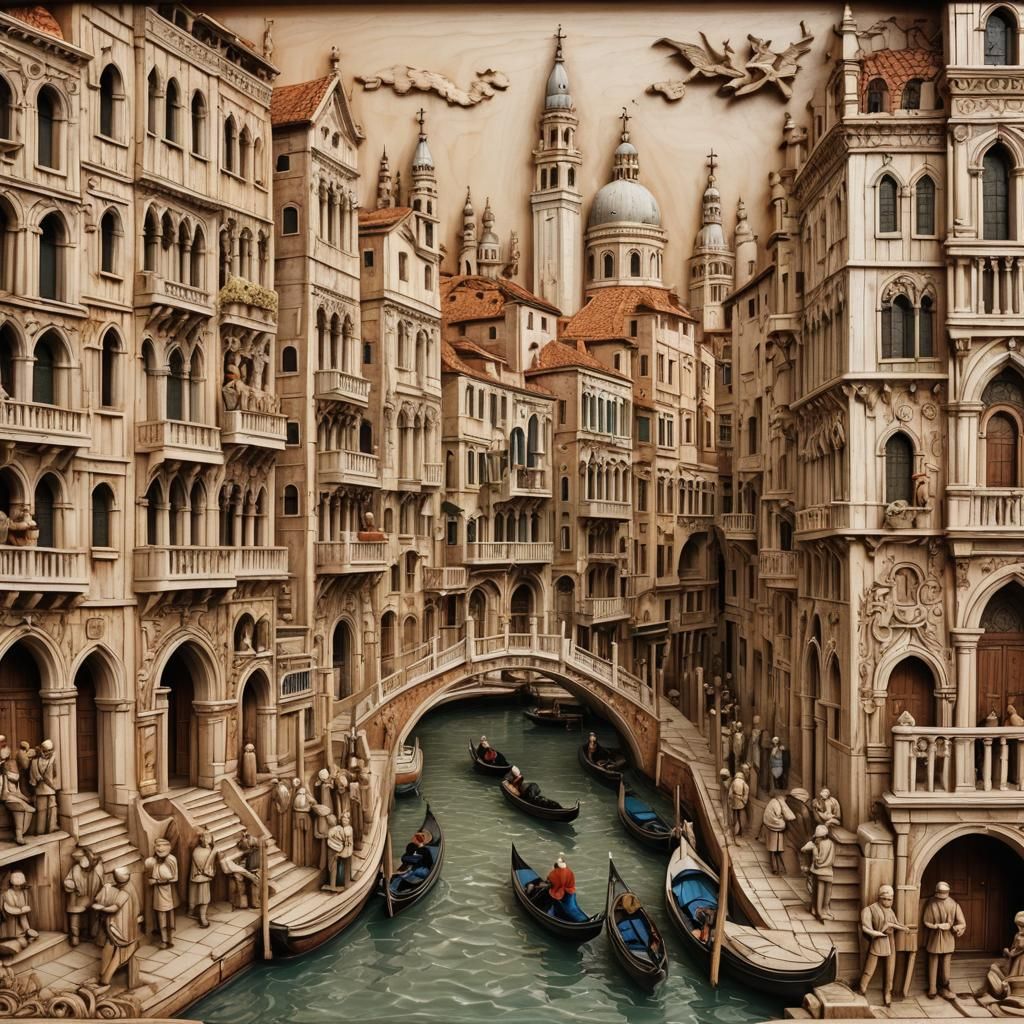 Venice City Scene in Detailed Wood Relief