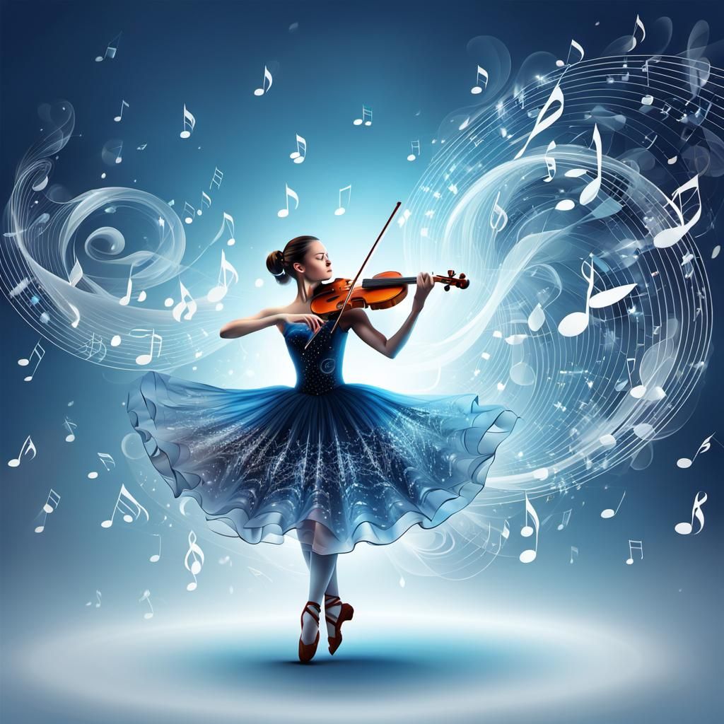 Ballerina Dancing with Violin, Glowing Music Notes