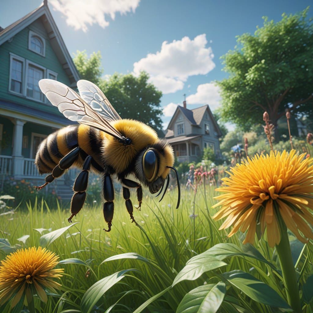 Giant Bumble Bee Confronts Humans in a Beautiful Summer Neig...
