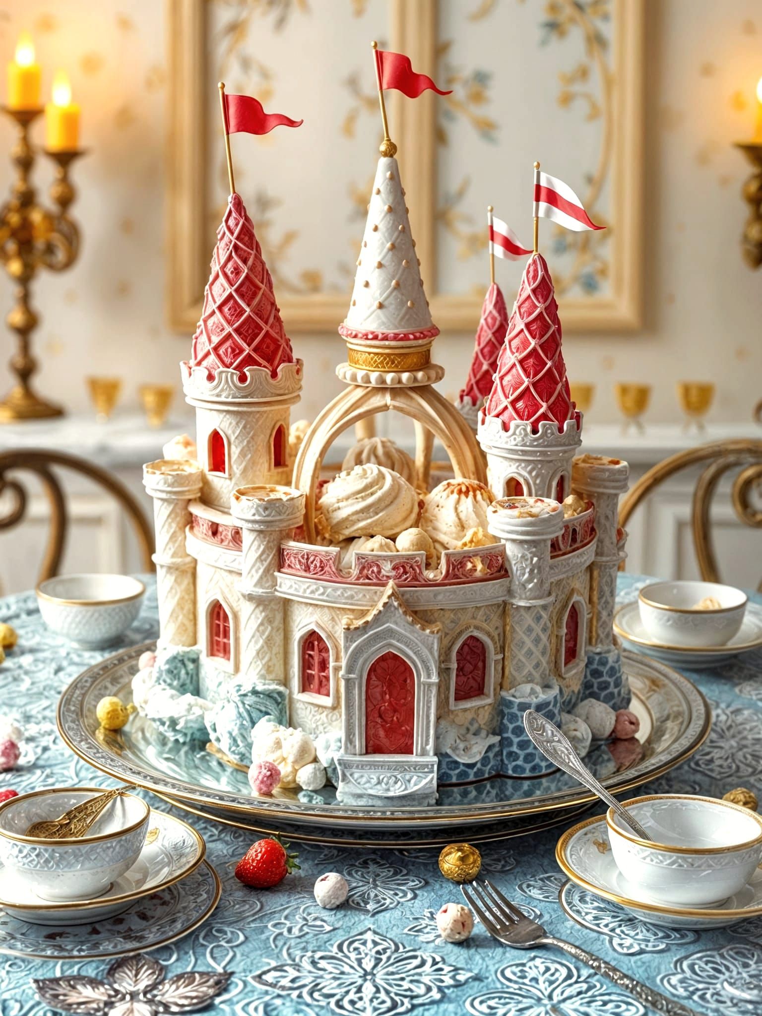 Ice-cream in a shaping of a castel, full towers and wafer de...