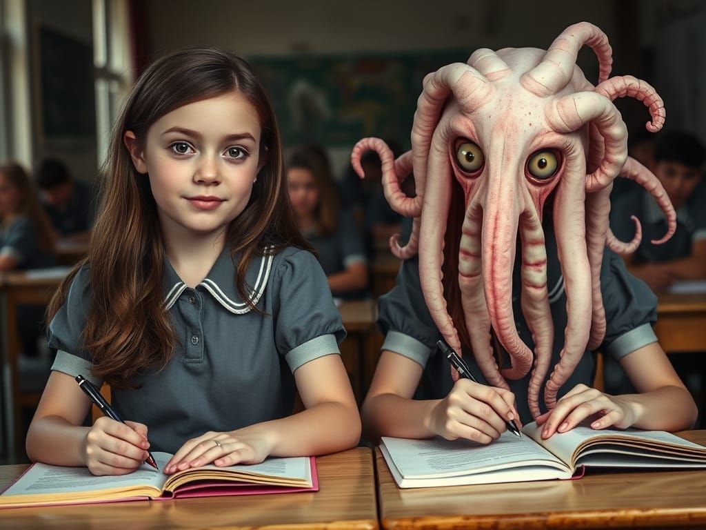 Girls at School Desk with Tentacle Monster Friend