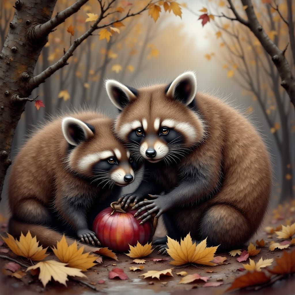 Raccoons Foraging in Autumn Leaves