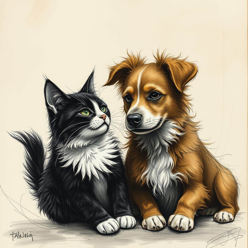 Whimsical Friendship in Charcoal Drawing