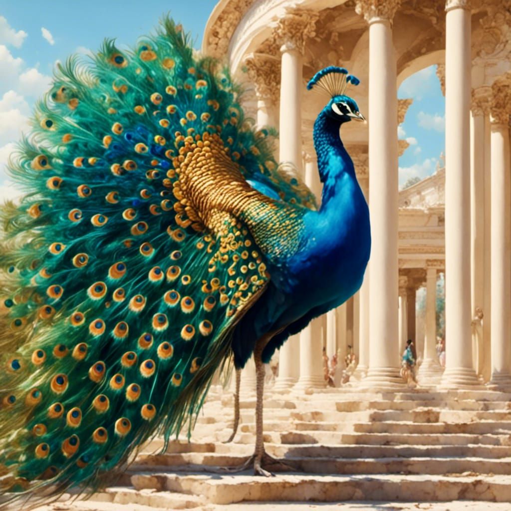 Hyperrealistic Peacock in Palladian Garden Setting