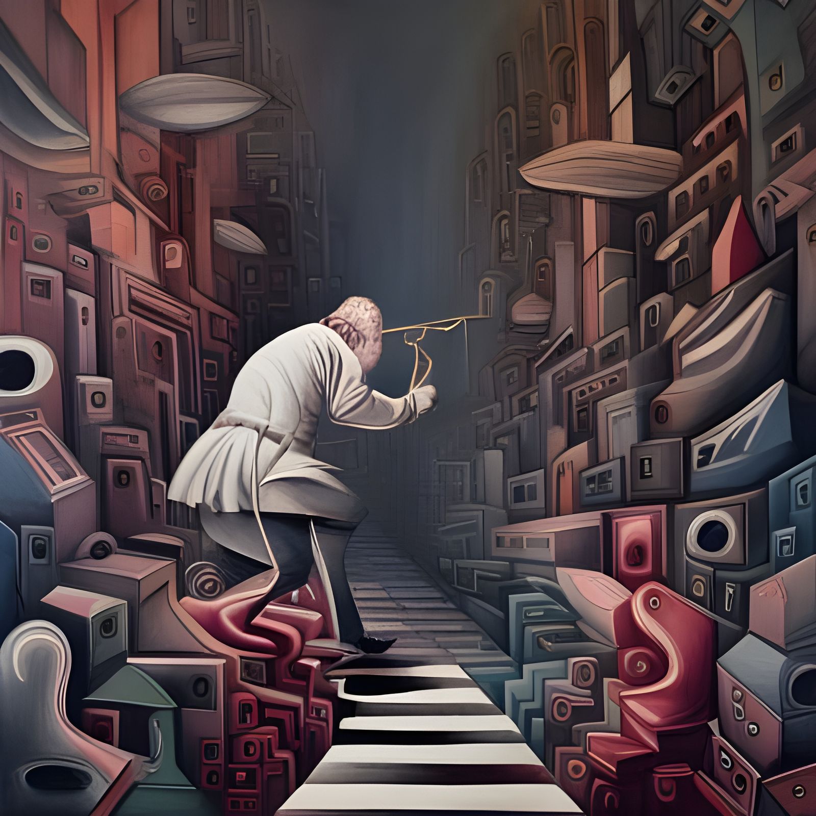 Trombone Player's Surreal Insect Chase: Bellmer Style