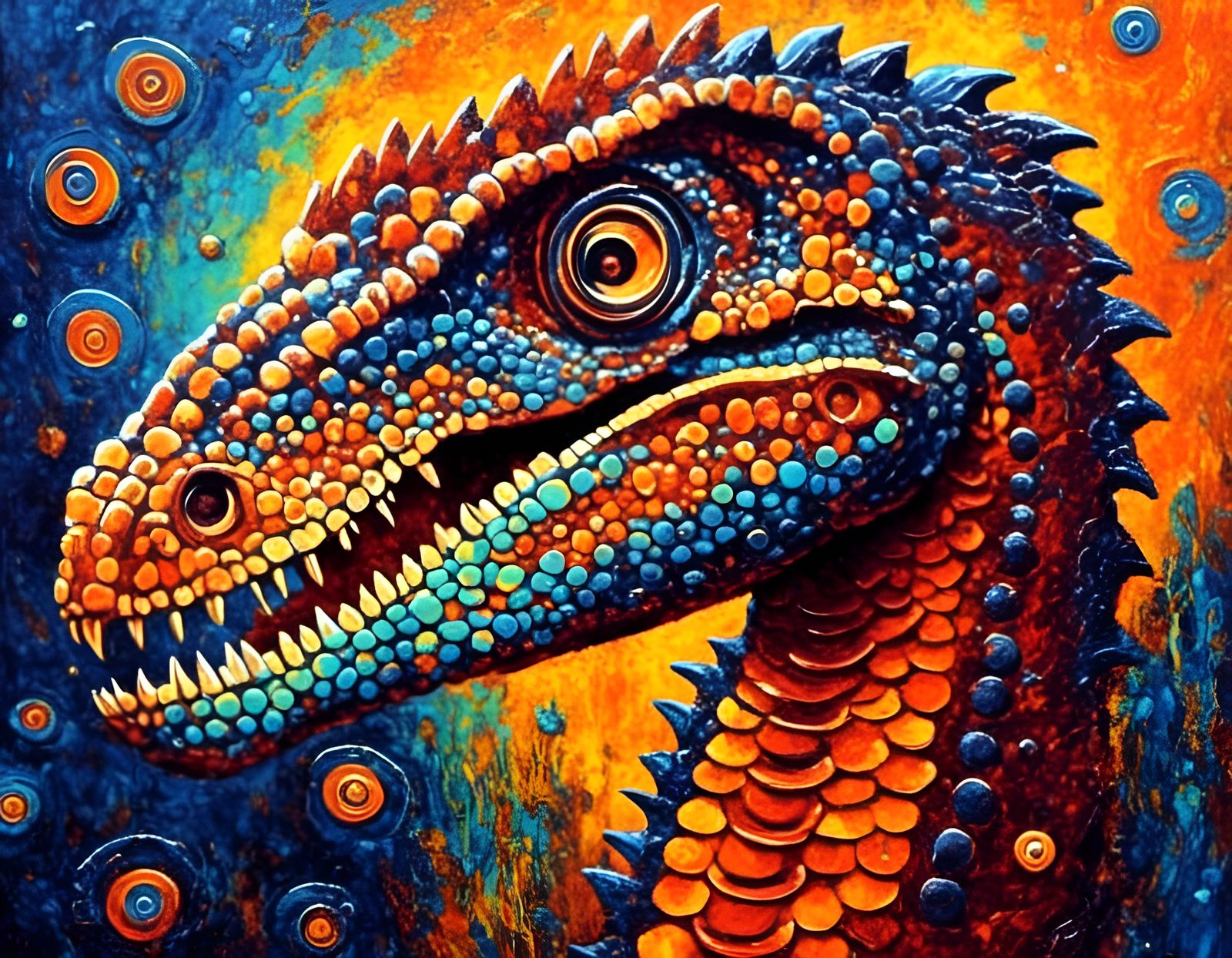 Bio-Mechanical Velociraptor in Neo-Impressionist Oil Paintin...