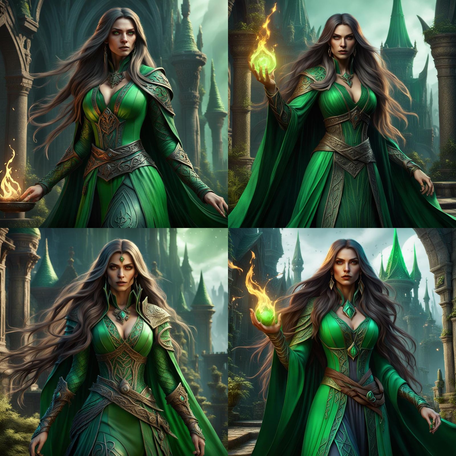 Fantasy Sorceress with Long Hair in Green Outfit