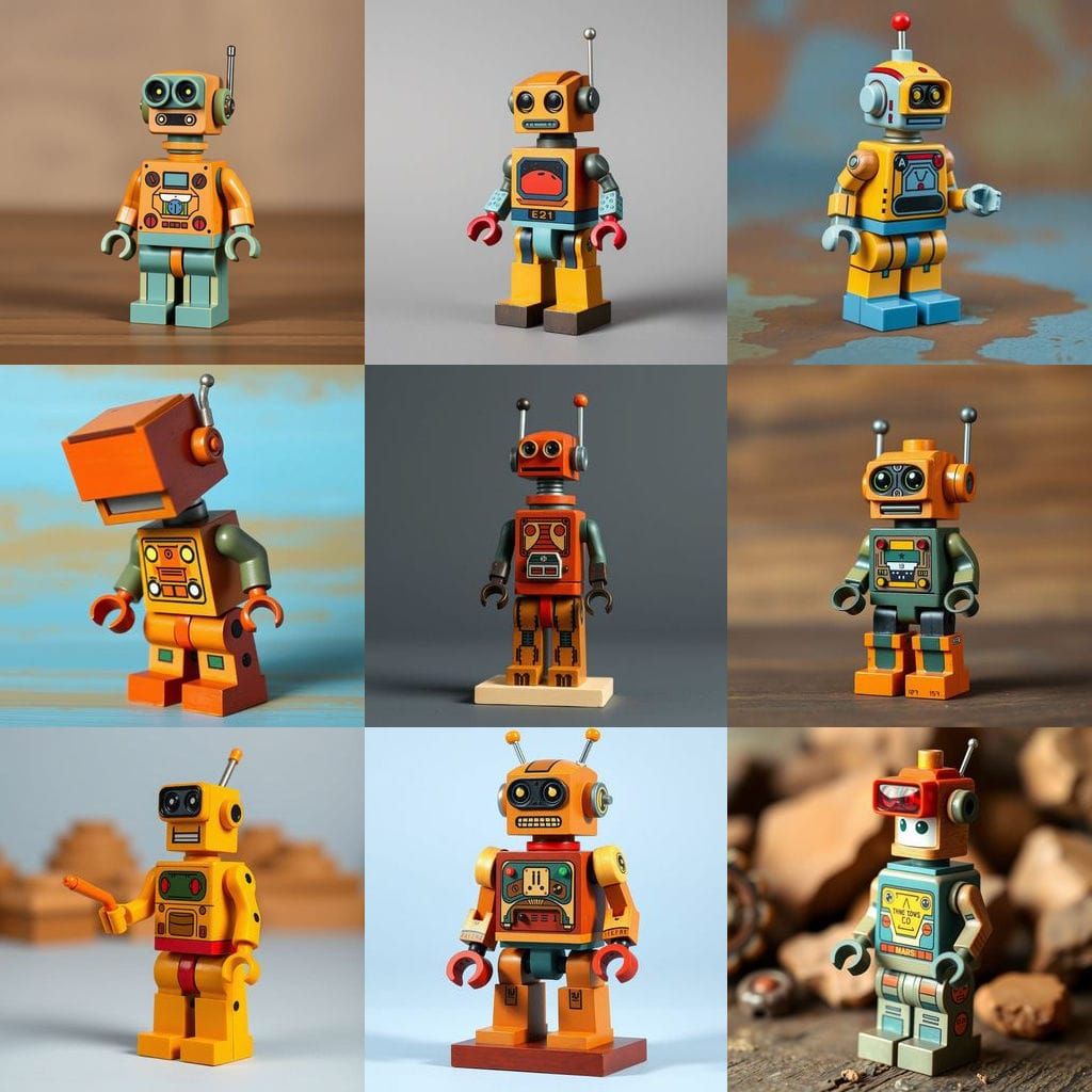 Retro-Style Wood-Carved Mars Robot Minifigures