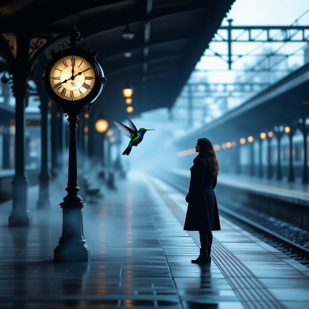 Traveler on Misty Platform with Hummingbird