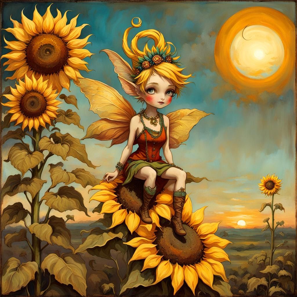 Whimsical Pixie on Sunflower in Antique Grunge Painting