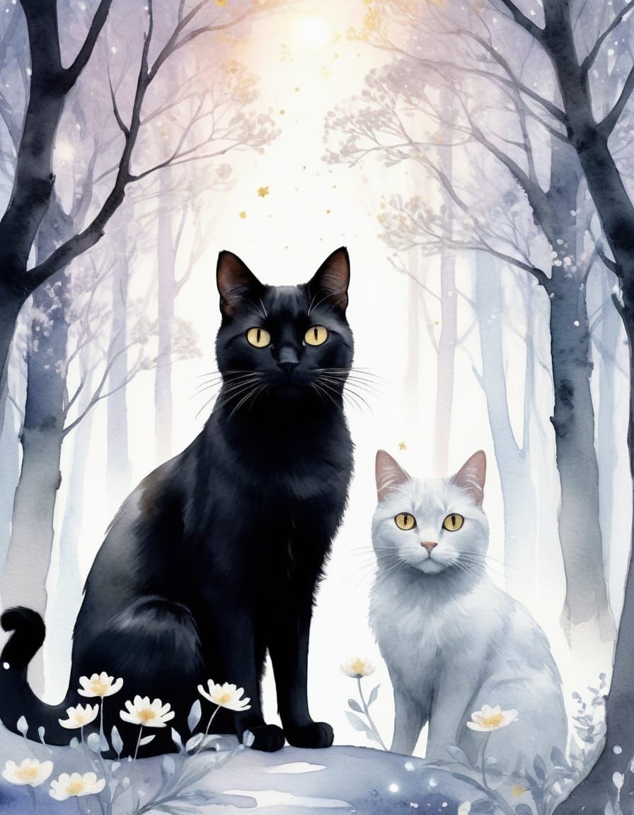 Black Cat Family in Silver Forest Watercolor