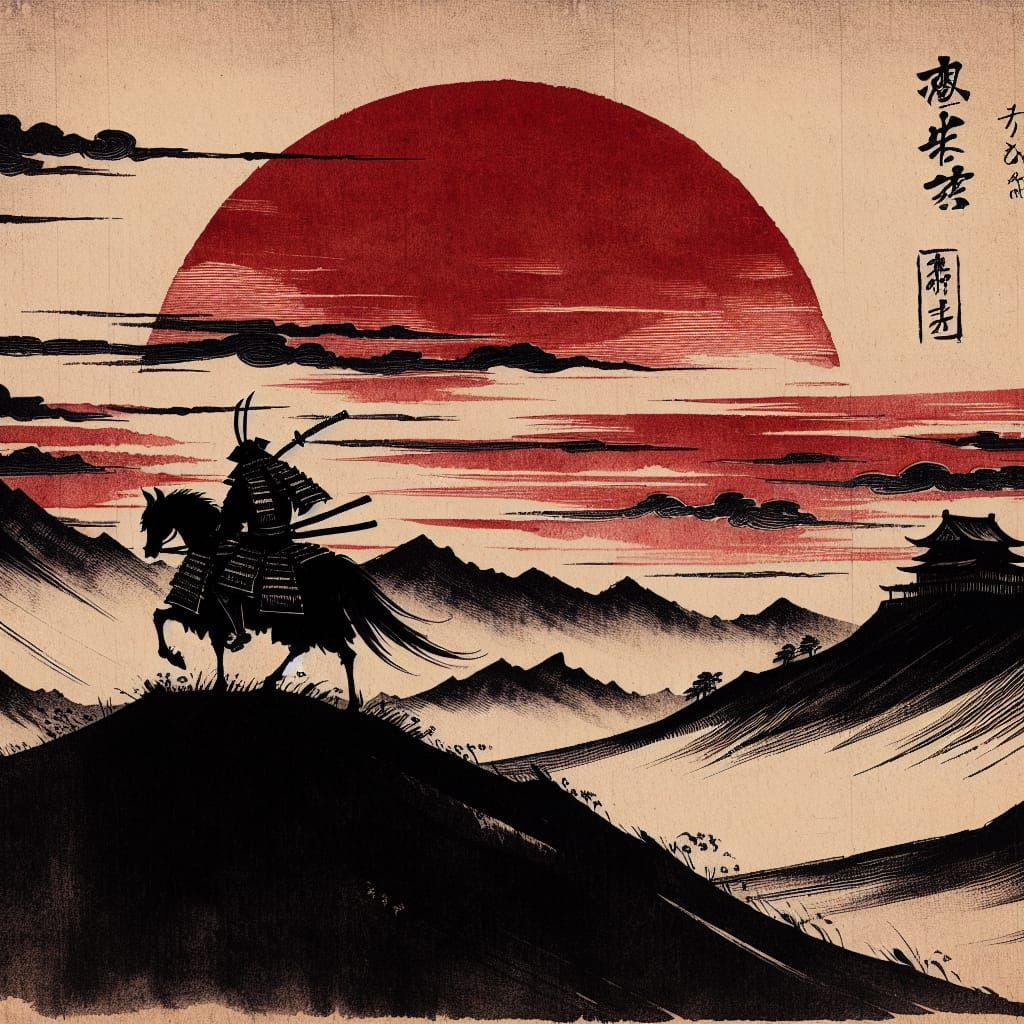 Samurai Legend Sunset: Traditional Japanese Ink Drawing