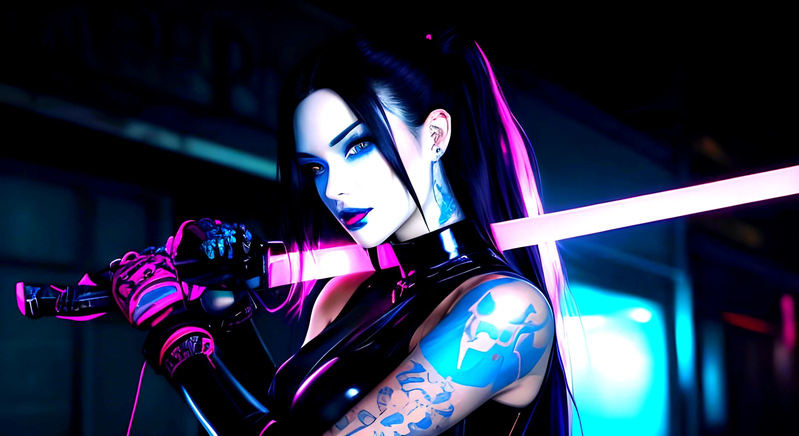 Cyberpunk Woman with Katana in Neon Alley