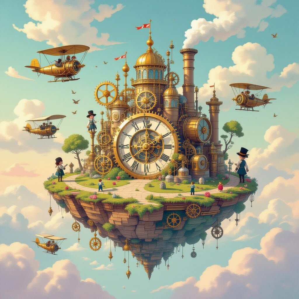 Steampunk Clockwork Island in Pastel Sky