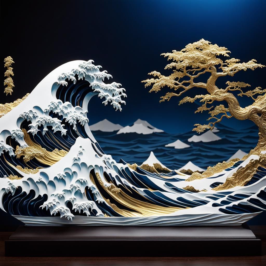 The Great Wave as Silver and Gold Sculpture