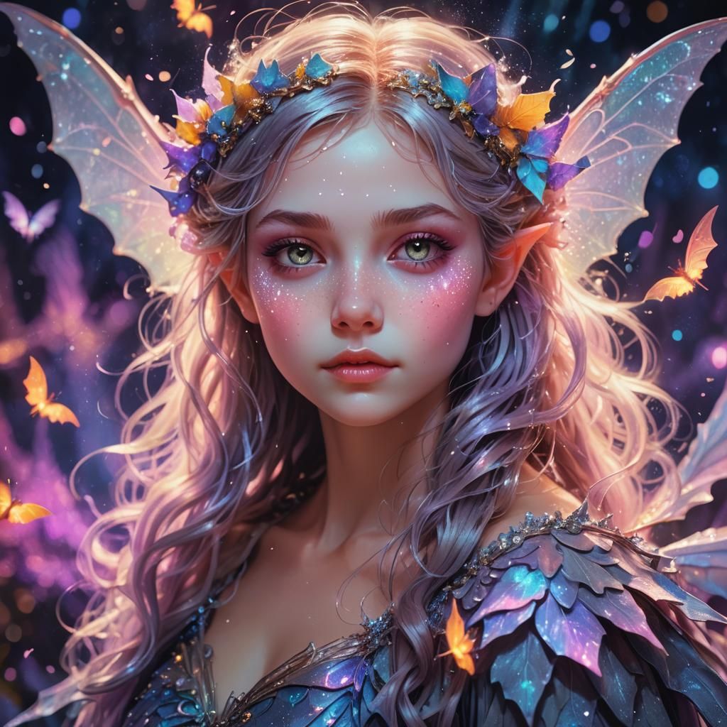 Glowing Fairy Portrait with Fuzzy Bat, Fantasy Illustration