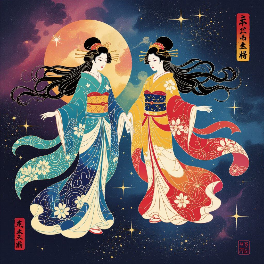 Cosmic Twin Goddesses in Ukiyo-e Graffiti Space Art