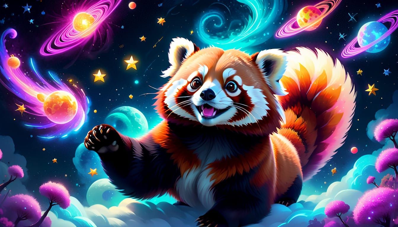 Animated Red Panda in Cosmic Void
