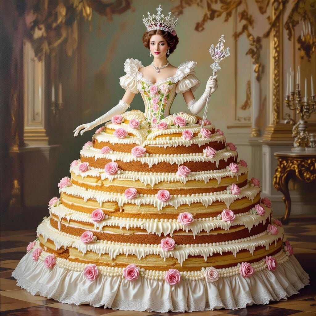 Victorian Queen in Cake Gown, Baroque Oil Painting Style