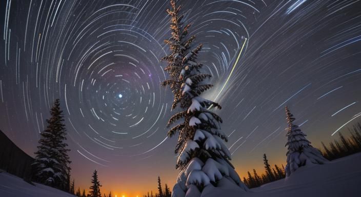 Star Trails Over Icy Winter Lavender Field