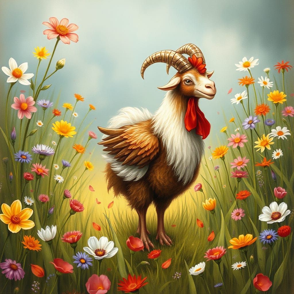 Whimsical Goat Chicken in a Lush Storybook Meadow