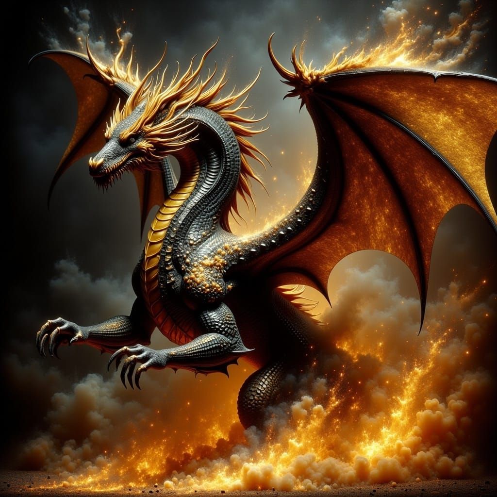 Ebony and Gold Dragon Eruption in Biomechanical Surrealism