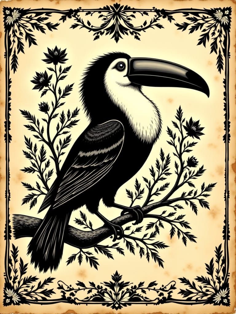 Stylized Toucan Illustration in Linoleum Print Style