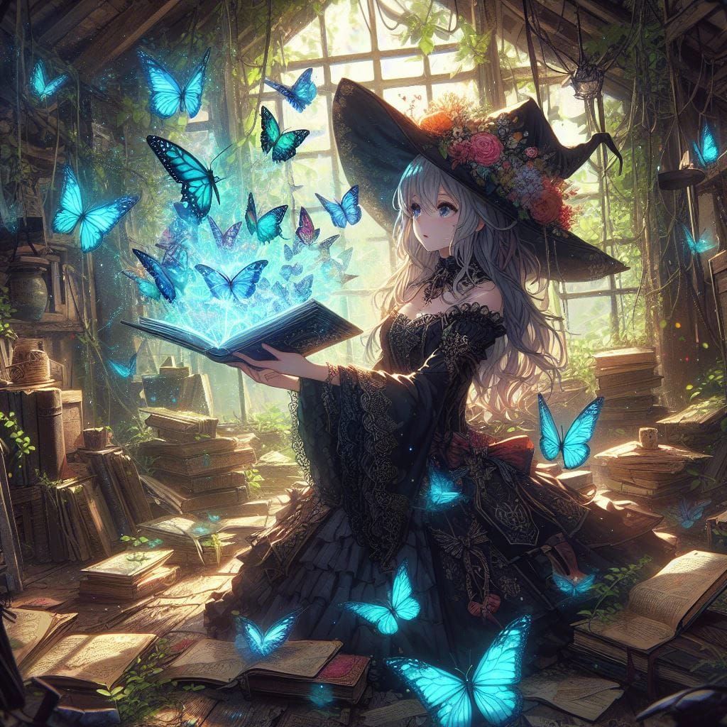 Anime Witch Summons Butterflies in Overgrown Attic