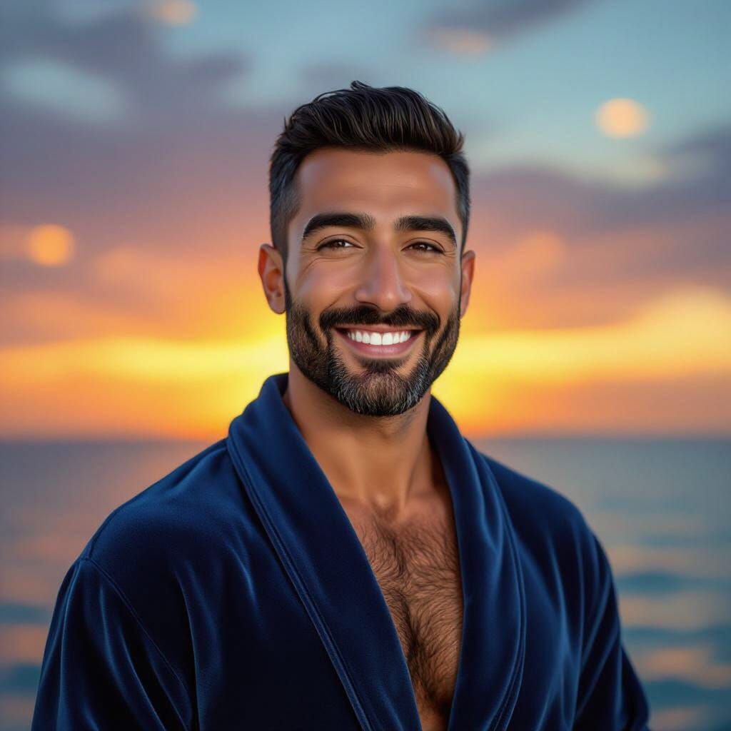 Handsome Man in Velvet Bathrobe at Sunrise