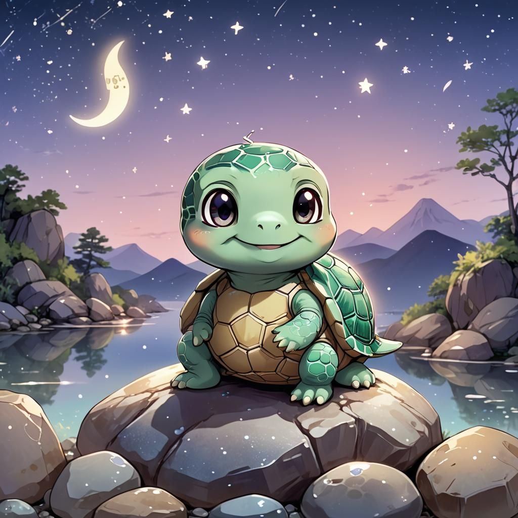Chibi Anime Turtle with Crescent Moon Shell